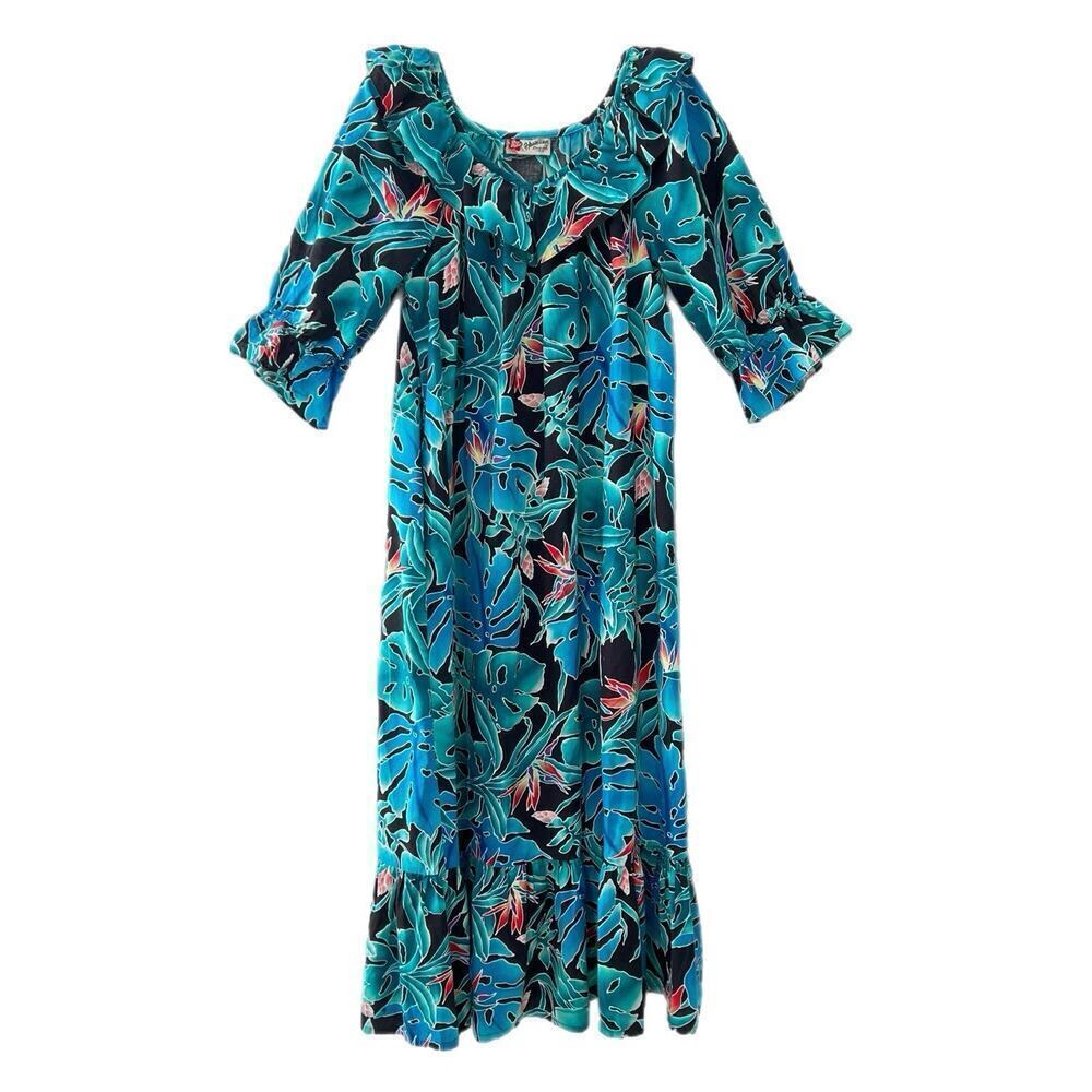 VTG Hilo Hattie Hawaiian Original Floral Blue Maxi Mumu Dress Medium 80’s Ruffle